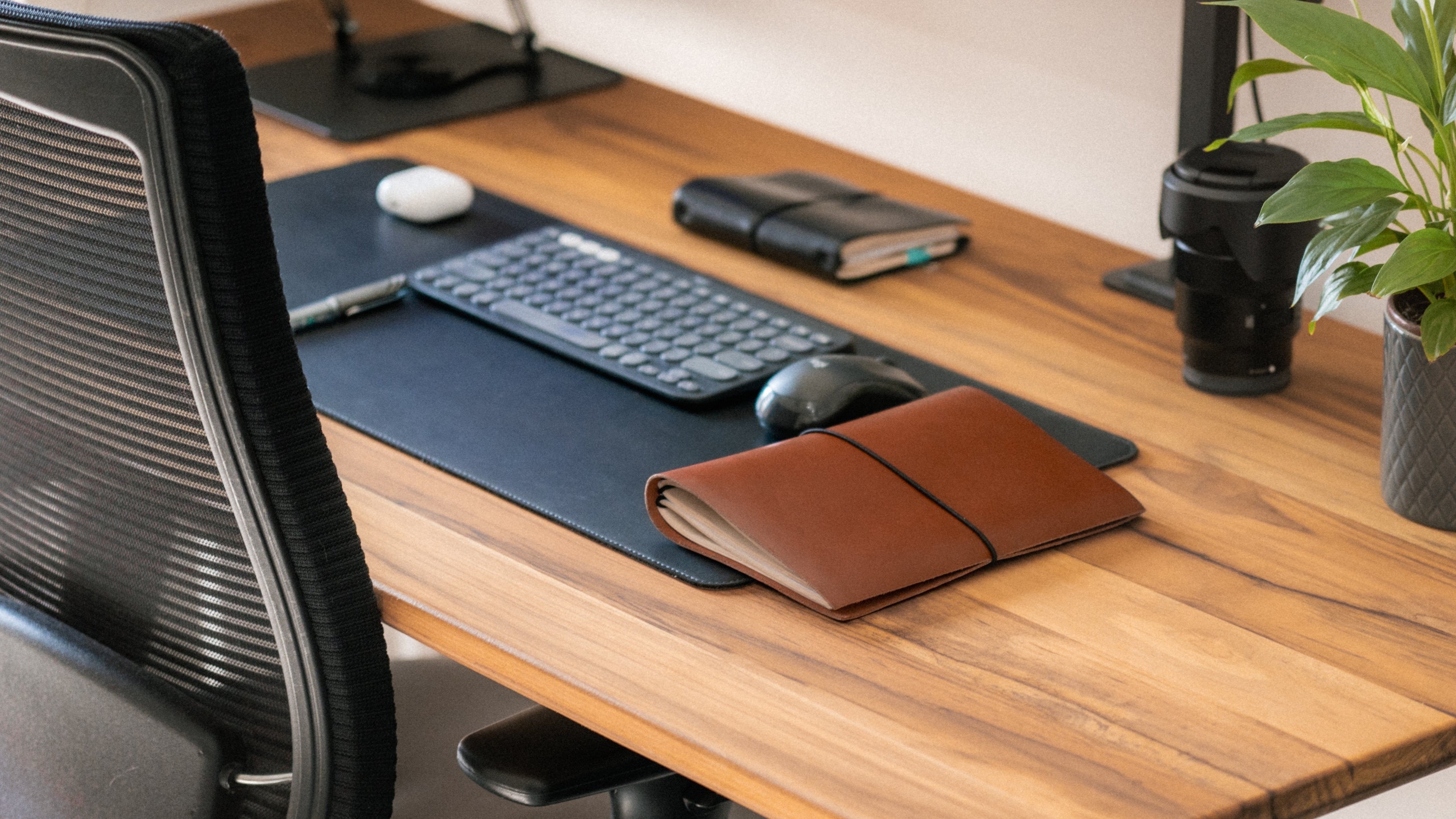 Modern office desk with computer setup, chair, and plant.